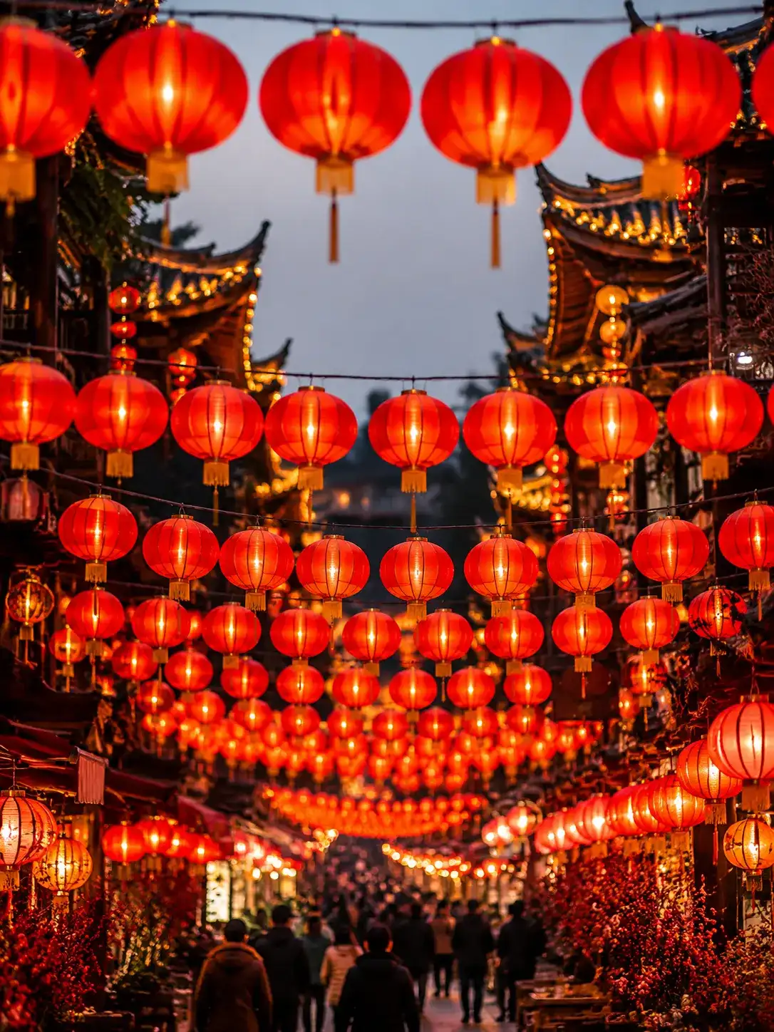 Red lanterns glowing at a Chinese festival night market